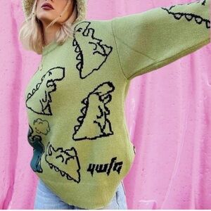 Aelfric Eden Green Crewneck Sweater with Black Dinosaur Motif